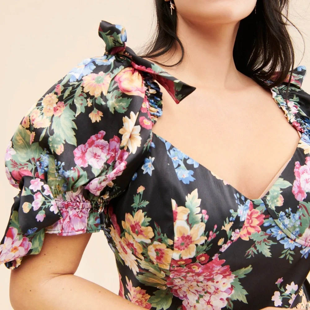 Selkie Floral Poet Slip Dress - Black, Pink, Blue, Green, Silk - Picture 7 of 8